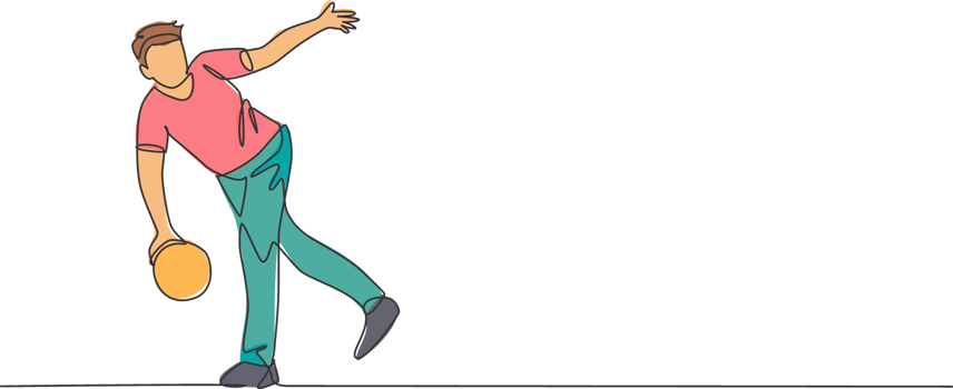 One continuous line drawing of young happy bowling player man throw ball into lane to hit the pin. Healthy sport and lifestyle activity concept. Dynamic single line draw design illustration png
