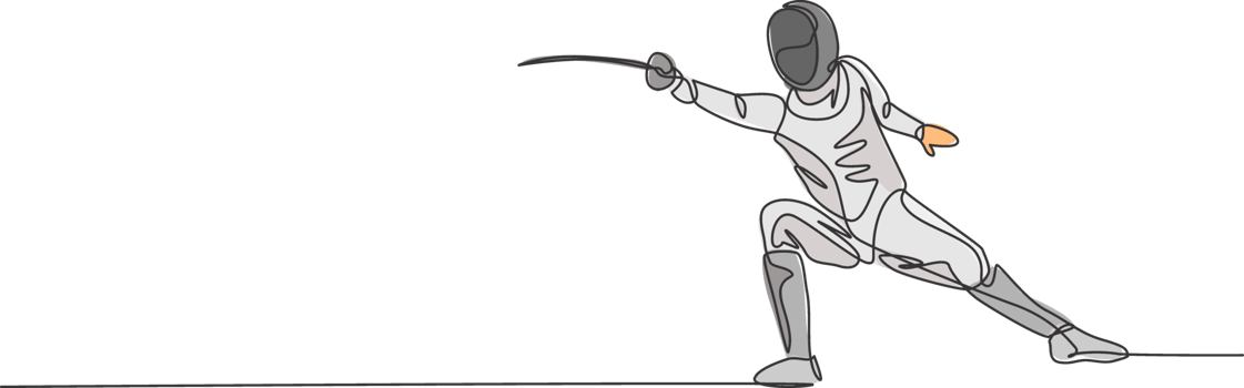 One continuous line drawing of young man fencing athlete practice fighting on professional sport arena. Fencing costume and holding sword concept. Dynamic single line draw design illustration png