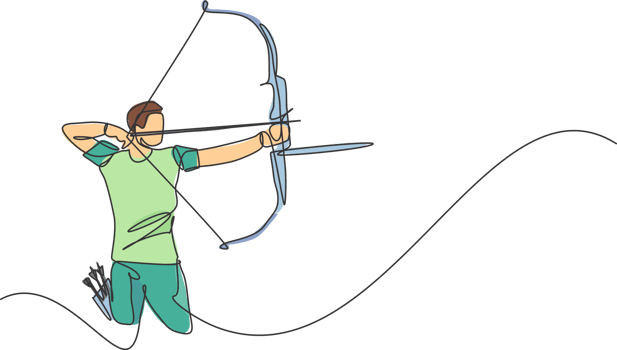Single continuous line drawing of young professional archer man focus standing and aiming archery target. Archery sport exercise with the bow concept. Trendy one line draw design illustration png