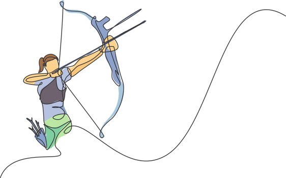 One continuous line drawing of young archer woman pulling the bow to shooting an archery target. Archery sport training and exercising concept. Dynamic single line draw design illustration png