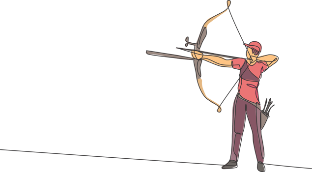 One continuous line drawing of young archer man pulling bow to shooting an archery target. Archery sport training and exercising concept. Dynamic single line draw design illustration graphic png