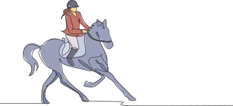 One continuous line drawing of young horse rider woman in action. Equine run training at racing track. Equestrian sport competition concept. Dynamic single line draw design illustration graphic png