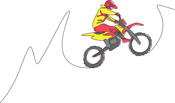 One continuous line drawing of young motocross rider jumping fly high into the air. Extreme sport concept. Dynamic single line draw design graphic illustration for motocross competition poster png