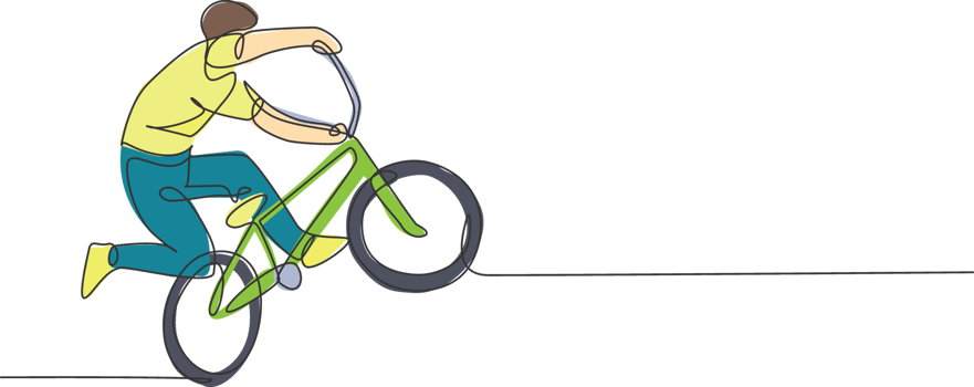 One single line drawing of young bmx bicycle rider performing freestyle trick on street illustration. Extreme sport concept. Modern continuous line draw design for freestyle competition banner png