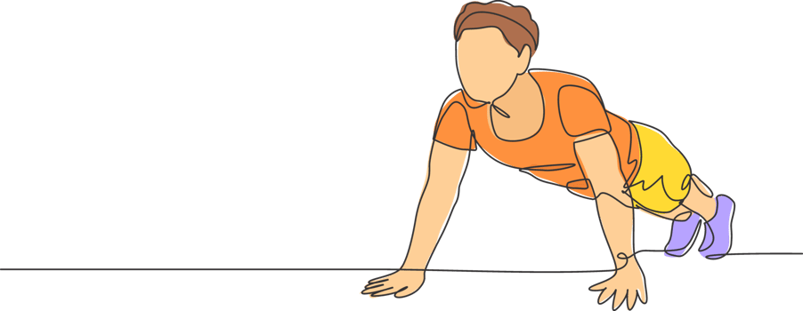 One continuous line drawing of young sporty man working out push up in fitness gym club center. Healthy fitness sport concept. Dynamic single line draw design graphic illustration png