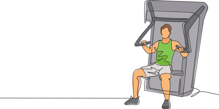 Single continuous line drawing of young sportive man training with bench press in sport gymnasium club center. Fitness stretching concept. Trendy one line draw design graphic illustration png
