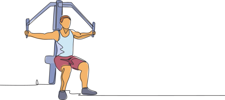 One single line drawing young energetic man exercise with hammer strength machine in gym fitness center graphic illustration. Healthy lifestyle sport concept. Modern continuous line draw design png