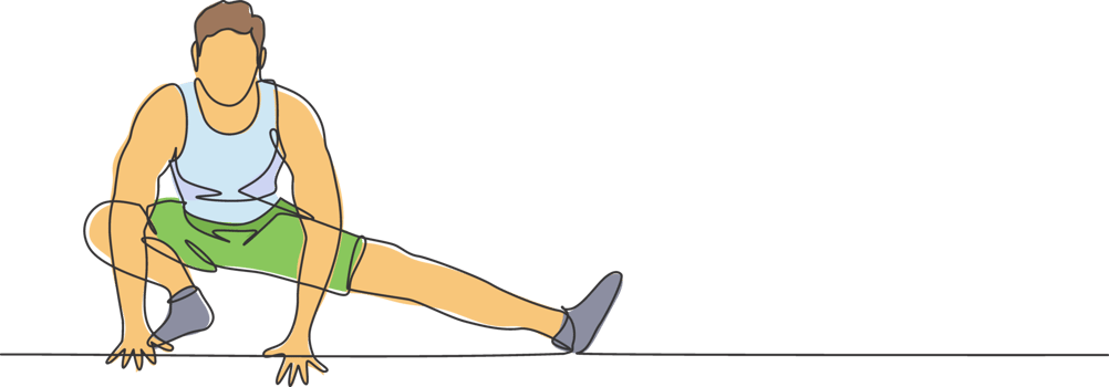 One continuous line drawing of young sporty man working out stretching his leg in fitness gym club center. Healthy fitness sport concept. Dynamic single line draw design illustration graphic png