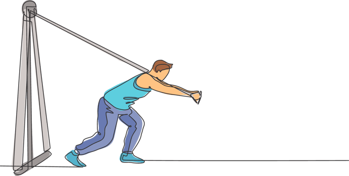 One continuous line drawing of young sporty man working out pull crossover cable machine in fitness gym club center. Healthy fitness sport concept. Dynamic single line draw design illustration png