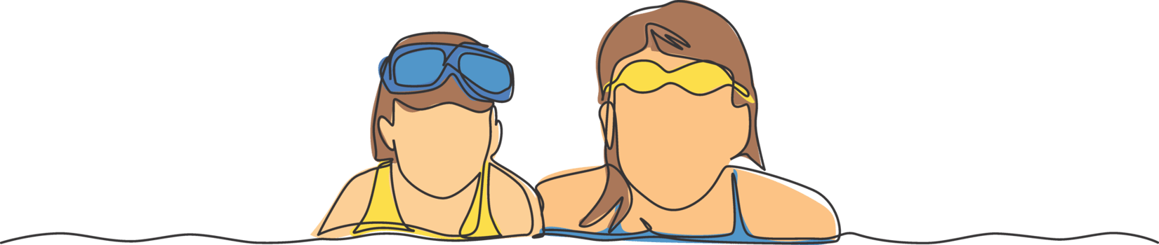 One single line drawing happy mom and daughter play and swim together in indoor pool sport center illustration. Summer holidays and vacation concept. Modern continuous line draw design graphic png