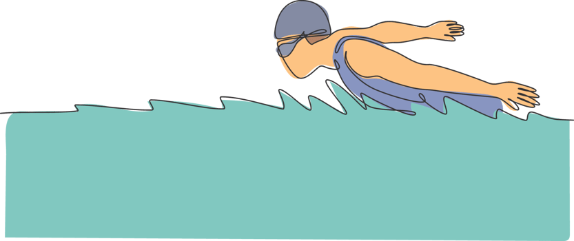 One continuous line drawing of young muscular professional swimmer focus swimming in sport center. Healthy sport fitness cardio exercise concept. Dynamic single line draw design illustration png
