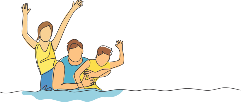 One continuous line drawing of happy family enjoying play and swimming together in pool sport center. Summer holiday vacation and parenting concept. Dynamic single line draw design illustration png