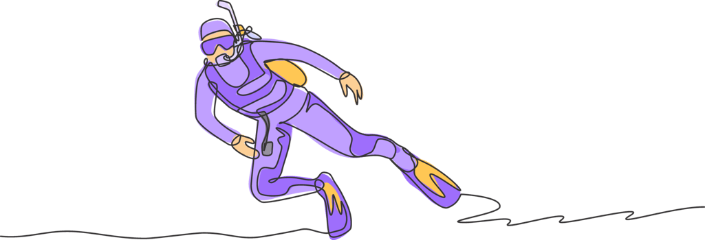 Single continuous line drawing young sportive man do scuba diving into the deep sea ocean to explore sea life world. Underwater sport concept. Trendy one line draw design graphic illustration png