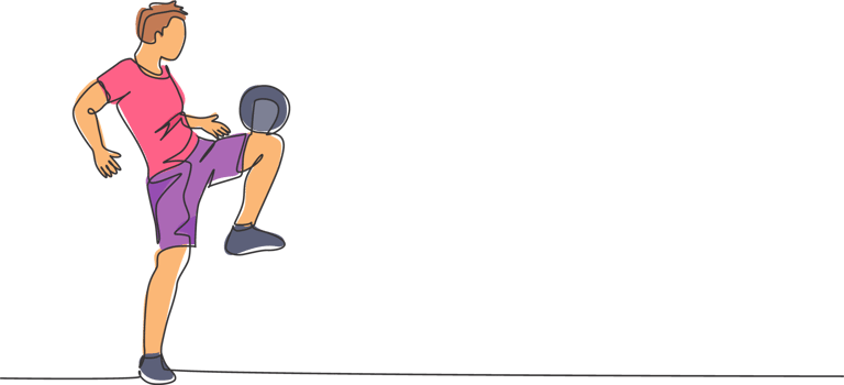 Single continuous line drawing of young sportive man train soccer freestyle, juggling with thigh on the field. Football freestyler concept. Trendy one line draw design graphic illustration png