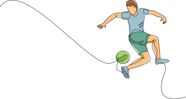 One continuous line drawing of young sporty man soccer freestyler player practice to juggle ball with heel in the street. Football freestyle sport concept. Single line draw design illustration png