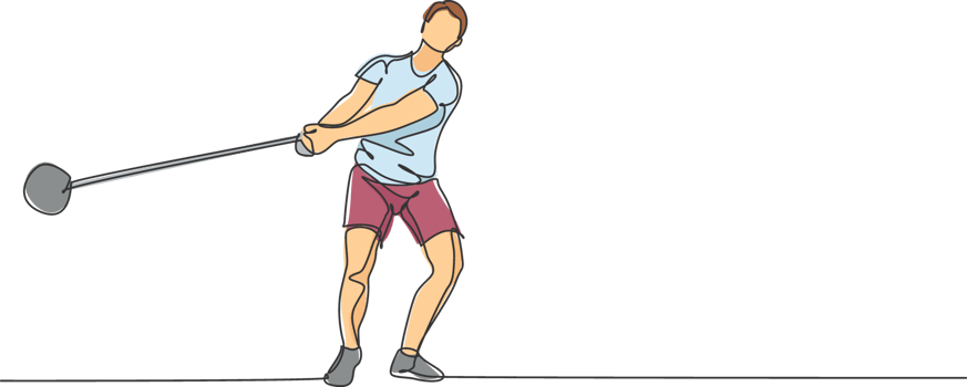 Single continuous line drawing of young sportive man practice to concentrate while swinging hammer on the court stadium. Athletic games sport concept. Trendy one line draw design illustration png