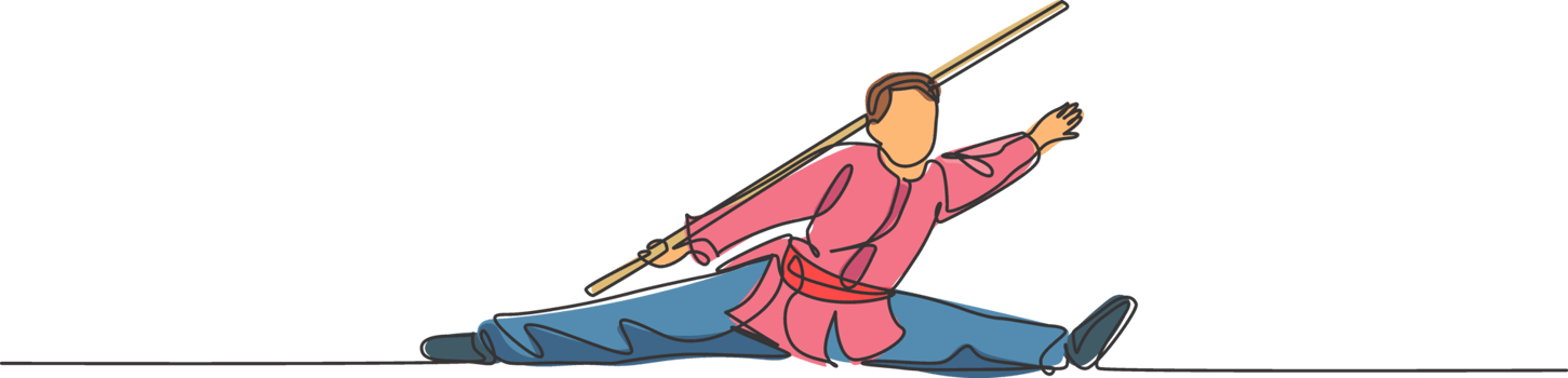 One continuous line drawing of wushu master man, kung fu warrior in kimono with long stick staff on training. Martial art sport contest concept. Dynamic single line draw design illustration png