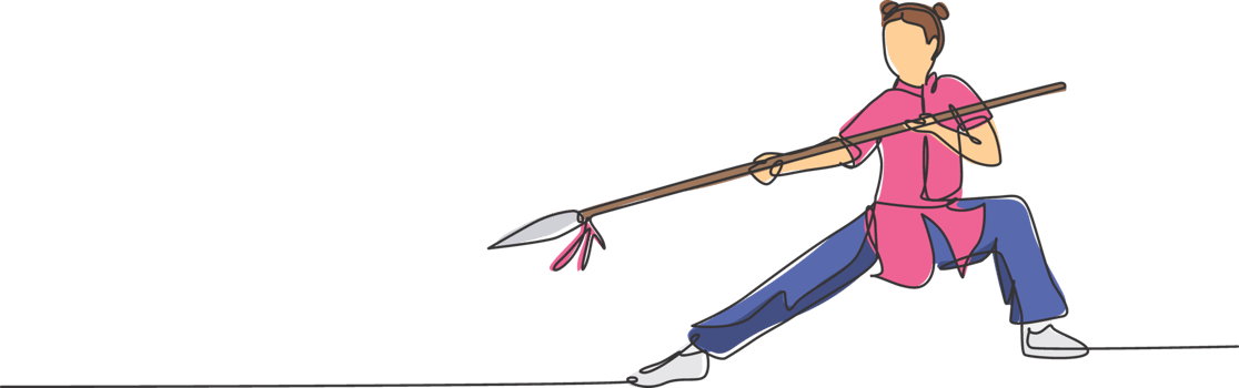 One continuous line drawing of young wushu master woman kung fu warrior in kimono with spear on training. Martial art sport contest concept. Dynamic single line draw design graphic illustration png
