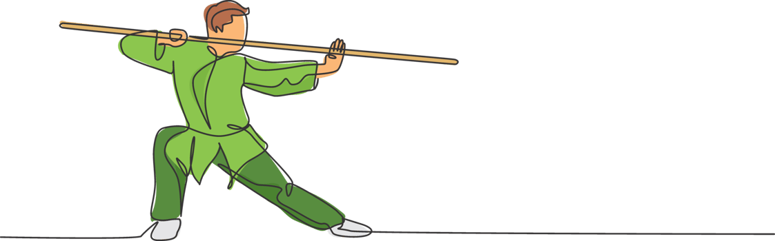 One continuous line drawing of young wushu master man, kung fu warrior in kimono with long staff on training. Martial art sport contest concept. Dynamic single line draw design illustration png