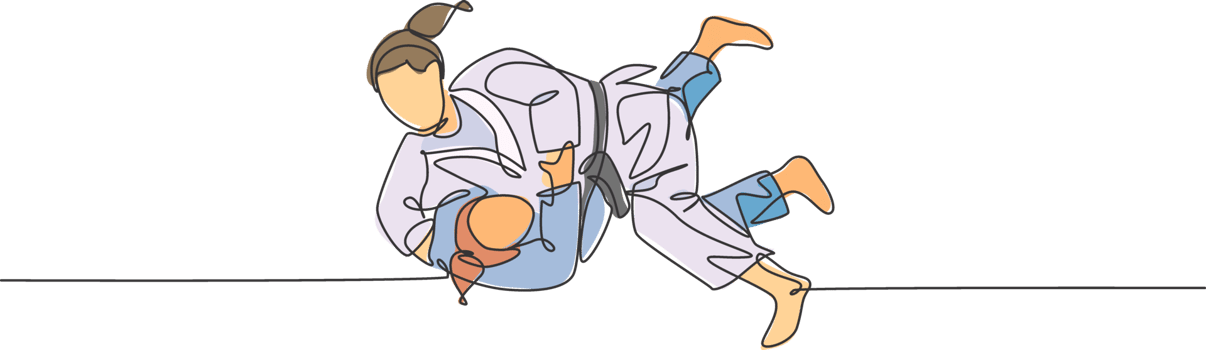 One single line drawing two young energetic judokas fighter women battle fighting at gym center graphic illustration. Martial art sport competition concept. Modern continuous line draw design png