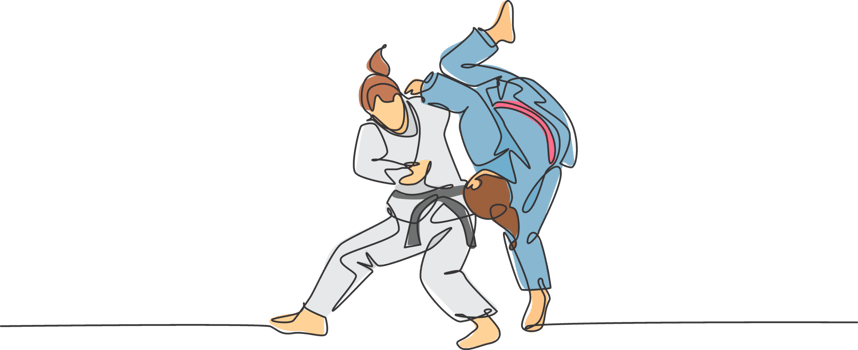One continuous line drawing two young sporty women training judo technique at sports hall. Jiu jitsu battle fight sport competition concept. Dynamic single line draw design graphic illustration png