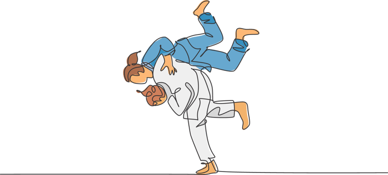 Single continuous line drawing two sportive judoka fighter women practice judo skill at dojo gym center. Fighting jujitsu, aikido sport concept. Trendy one line draw graphic design illustration png