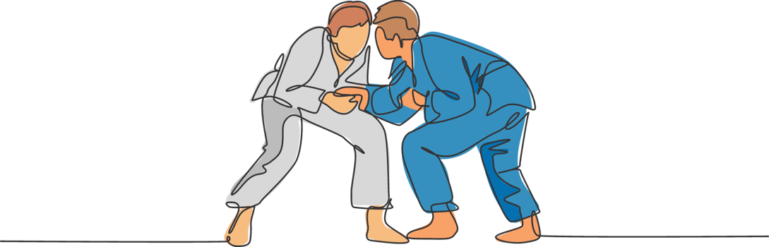 Single continuous line drawing of two young sportive judoka fighter men practice judo skill at dojo gym center. Fighting jujitsu, aikido sport concept. Trendy one line draw design illustration png