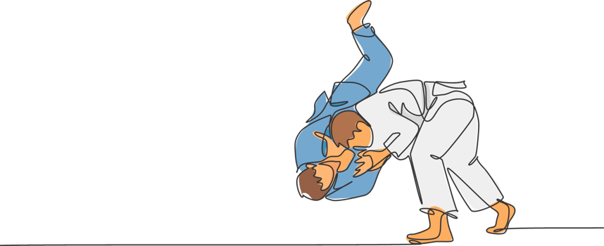 One single line drawing of two young energetic judokas fighter men battle fighting at gym center graphic illustration. Martial art sport competition concept. Modern continuous line draw design png