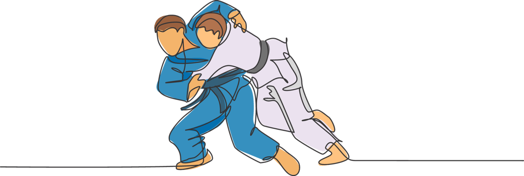 Single continuous line drawing of two young sportive judoka fighter men practice judo skill at dojo gym center. Fighting jujitsu, aikido sport concept. Trendy one line draw design illustration png