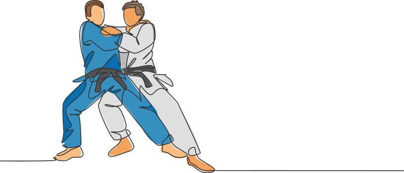One continuous line drawing of two young sporty men training judo technique at sport hall. Jiu jitsu battle fight sport competition concept. Dynamic single line draw design graphic illustration png