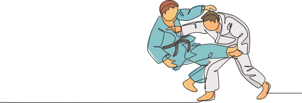 Single continuous line drawing of two young sportive judoka fighter men practice judo skill at dojo gym center. Fighting jujitsu, aikido sport concept. Trendy one line draw design illustration png