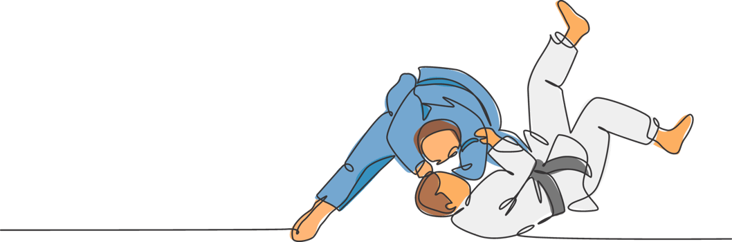 Single continuous line drawing of two young sportive judoka fighter men practice judo skill at dojo gym center. Fighting jujitsu, aikido sport concept. Trendy one line draw design illustration png