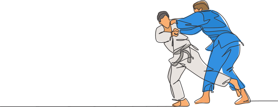One single line drawing of two young energetic judokas fighter men battle fighting at gym center graphic illustration. Martial art sport competition concept. Modern continuous line draw design png