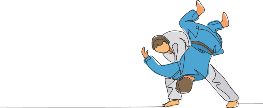 One single line drawing of two young energetic judokas fighter men battle fighting at gym center graphic illustration. Martial art sport competition concept. Modern continuous line draw design png