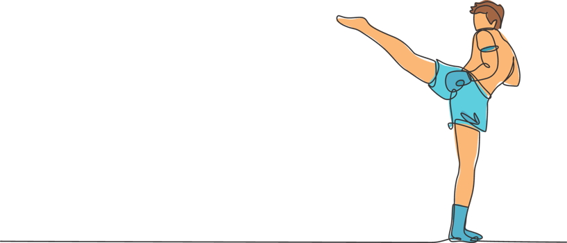 One single line drawing of young energetic muay thai fighter man exercising at gym fitness center illustration graphic. Combative thai boxing sport concept. Modern continuous line draw design png