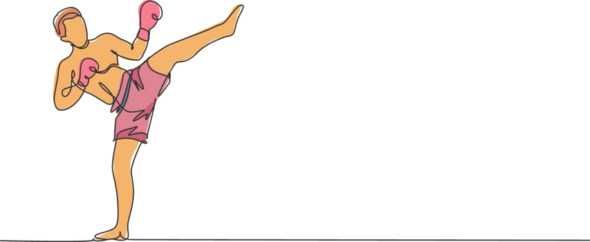 One single line drawing of young energetic man kickboxer practice high kick stance in boxing arena graphic illustration. Healthy lifestyle sport concept. Modern continuous line draw design png