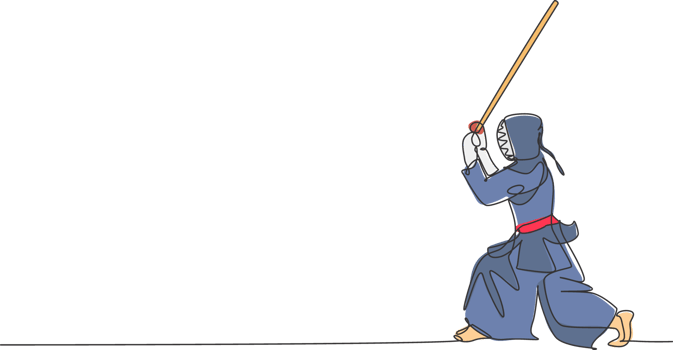 One single line drawing of young energetic man exercise kendo stance pose with wooden sword at gym center graphic illustration. Combative fight sport concept. Modern continuous line draw design png