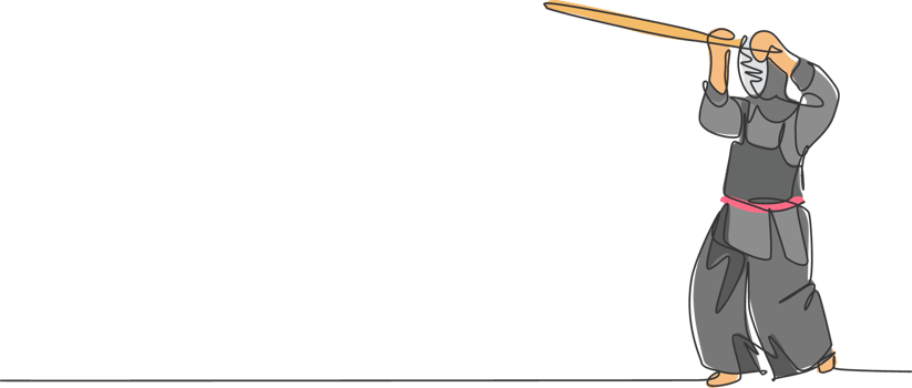 One continuous line drawing of young sporty man training kendo defense skill in dojo center. Healthy fighting martial art sport concept. Dynamic single line draw design graphic illustration png