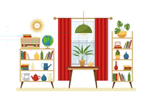 Vintage living room interior with with window. Retro furniture set in 60s style. Flat vector illustration