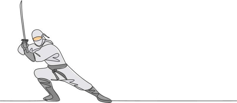 Single continuous line drawing of young Japanese culture ninja warrior on mask costume with attacking stance pose. Martial art fighting samurai concept. Trendy one line draw design illustration png