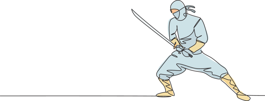 One single line drawing of young energetic Japanese traditional ninja holding samurai sword on attack pose illustration. Combative martial art sport concept. Modern continuous line draw design png