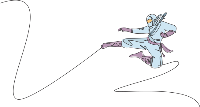 Single continuous line drawing of young Japanese culture ninja warrior with jumping kick attack pose. Martial art fighting samurai concept. Trendy one line draw graphic design illustration png