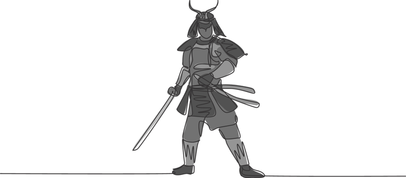 Single continuous line drawing of young strong samurai shogun wearing traditional uniform holding sword at festival. Ancient fighter soldier concept. Trendy one line draw design illustration png