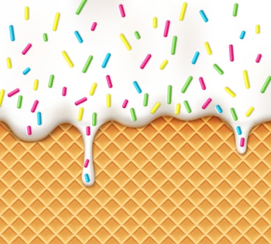 Realistic ice cream drip on wafer cone background vector