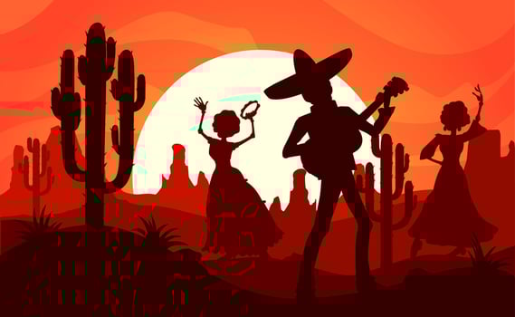 Mexican desert, silhouettes of mariachi and women vector