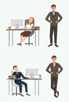 People, man and woman, office workers sleep at work. Taken by surprise angry boss, chief. Colorful flat illustration. vector
