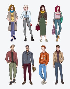 Set of hand drawn stylish young people at street. Collection fashion, trendy youth. Colorful illustration. vector