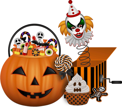 halloween composition with pumpkin bucket and evil clown in a box png