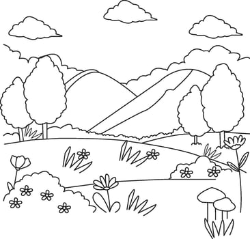 a coloring page with a landscape and trees vector