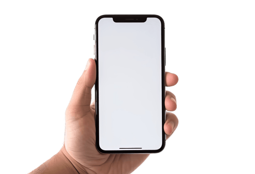 Hand holding smartphone white blank screen mockup isolated on transparent background. mobile phone, PNG file, cut out. AI Generated